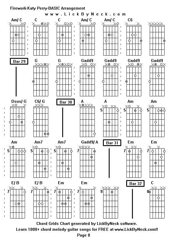 Chord Grids Chart of chord melody fingerstyle guitar song-Firework-Katy Perry-BASIC Arrangement,generated by LickByNeck software.